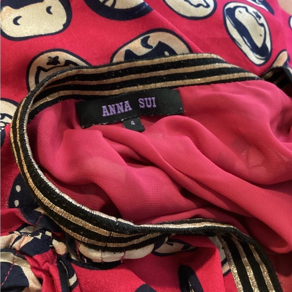 Anna Sui silk, lined dress, with drawstring waist, red with cream/black/silver. - Picture 9 of 15